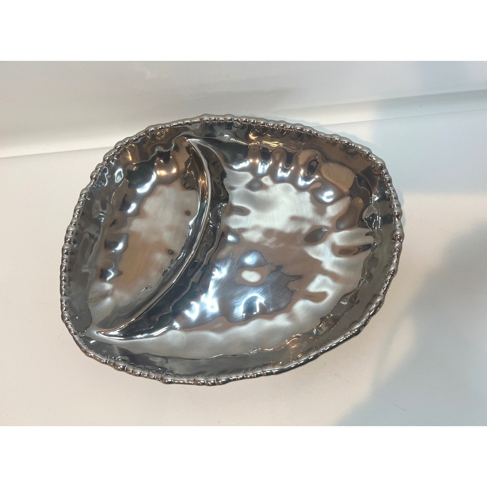 Metallic Silver Ceramic Serving Bowl Chip Dip Tray Divided Dish Appetizer Modern